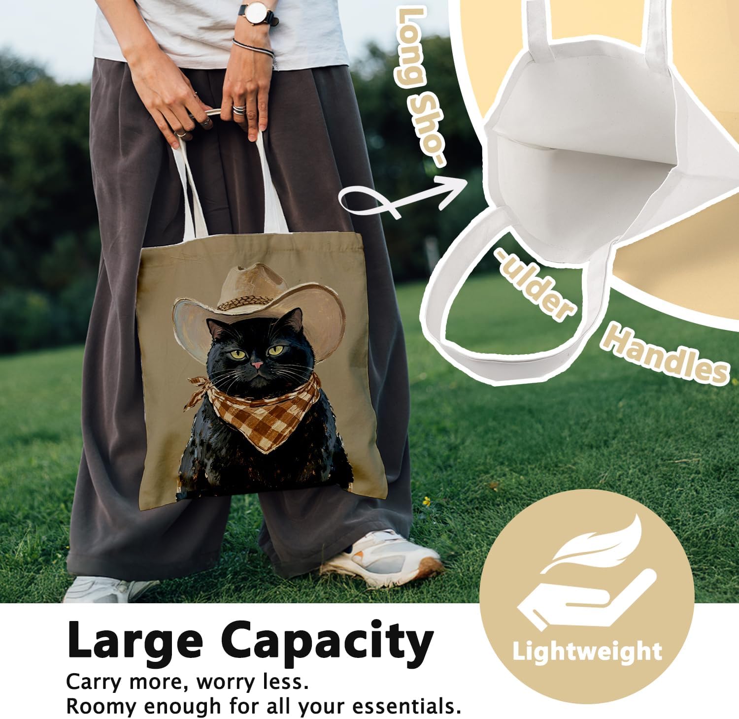 Cute Black Cat Canvas Tote Bag Aesthetic Flowers Reusable Shopping Grocery Bags Birthday Gifts for Women & Teen Girls - Image 3