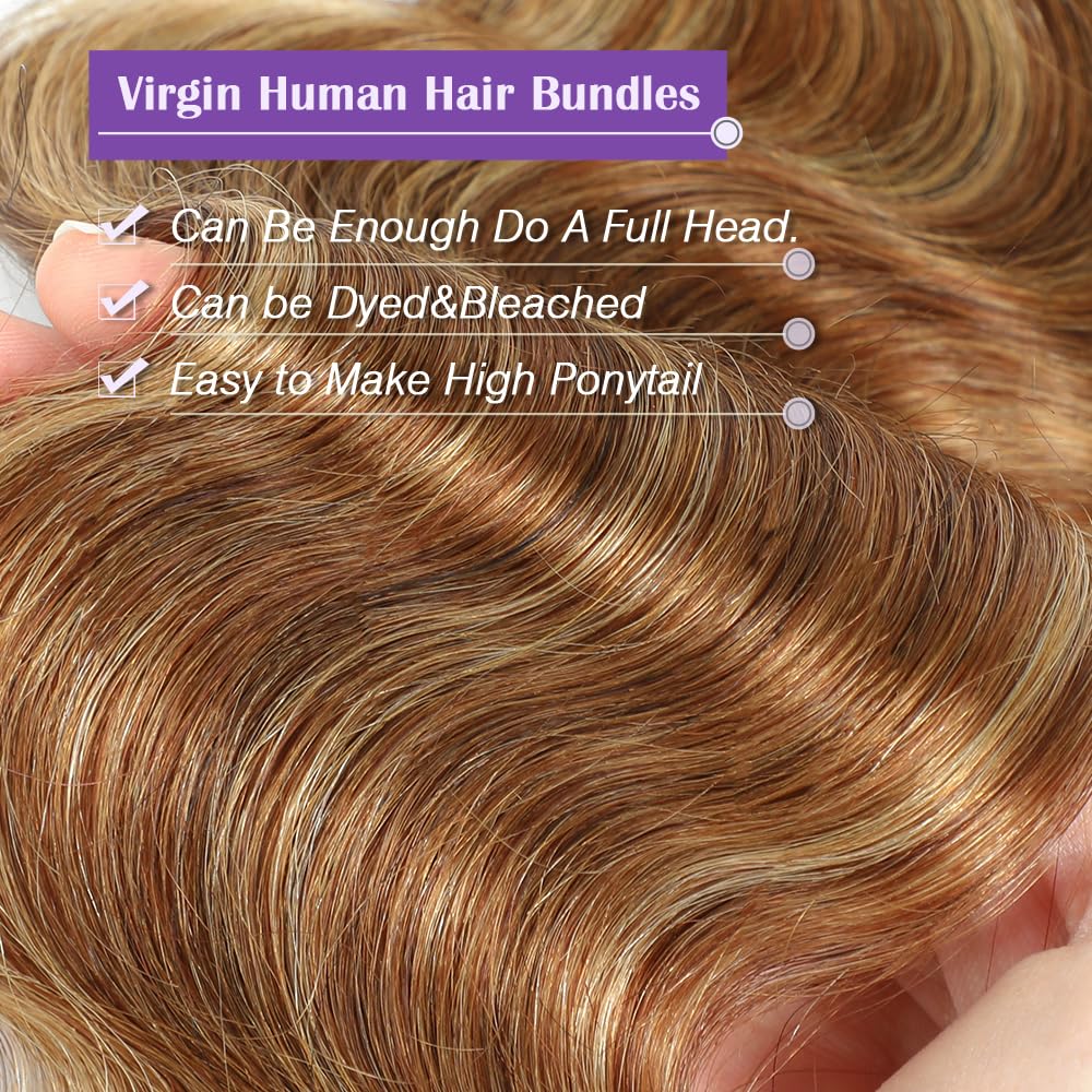 Honey Blonde Ombre Body Wave Bundles Human Hair Highlight Bundles Human Hair 4/27 Colored Body Wave 4 Bundles 24 26 28 30 Inch 100% Unprocessed Virgin Hair Extensions - Image 4