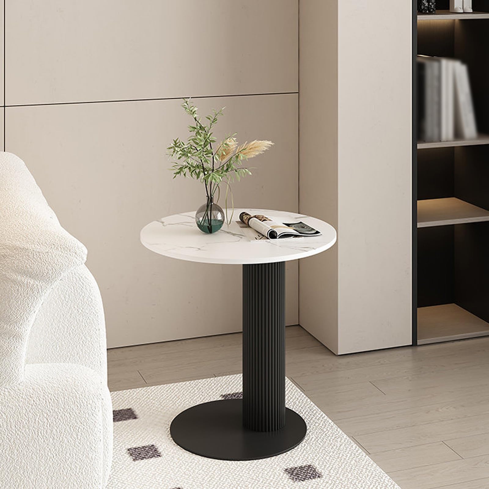 Tavolino laterale rotondo piano in pietra sinterizzata e base in metallo | Tavolino da caffè laterale creativo in metallo, mini comodino decorativo per il tempo libero(BLACK A,60CM/23.6IN)
