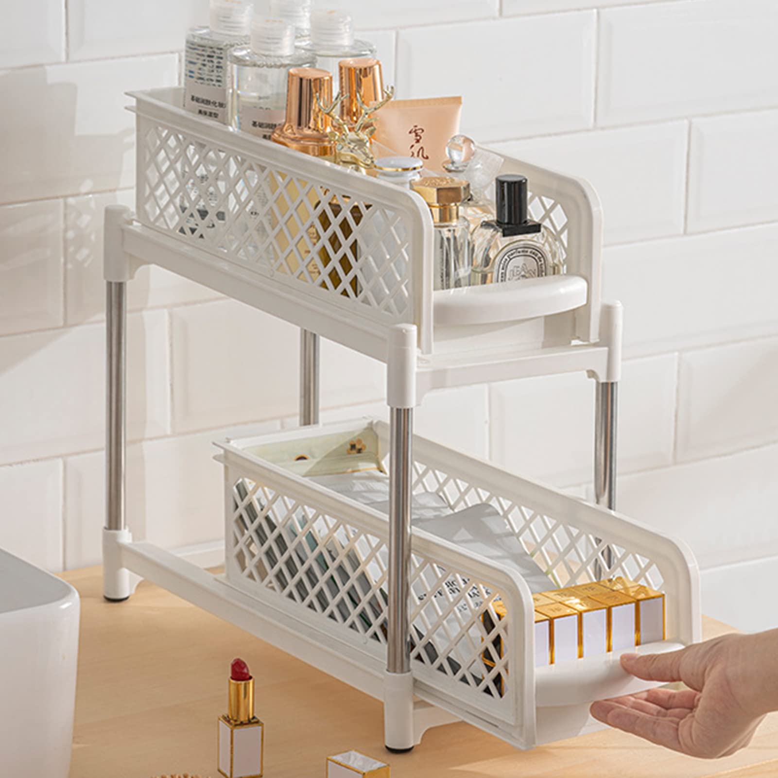 Support de rangement gris avec tiroir coulissant et panier de vidange respirant pour maison