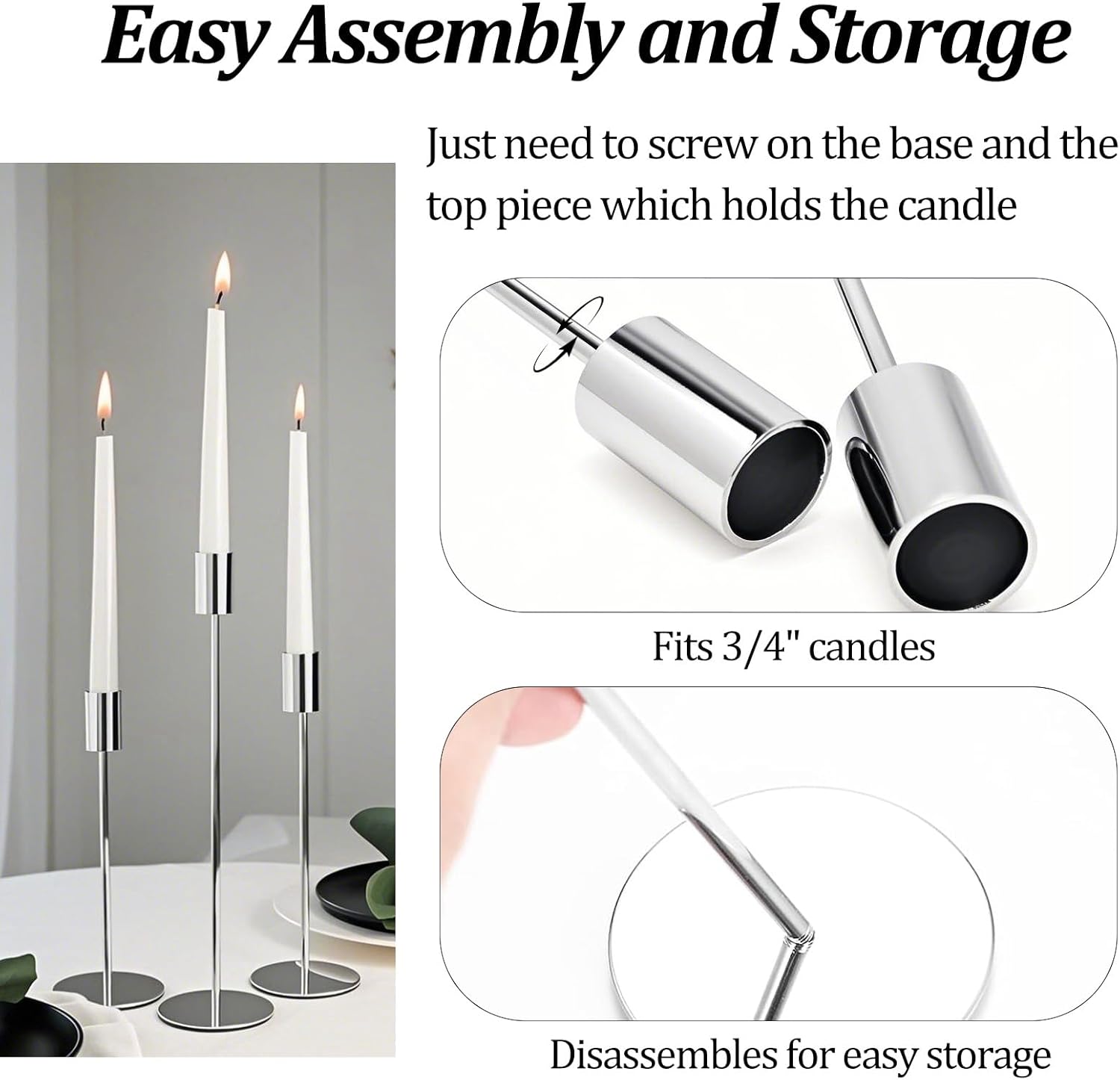 Set of 12 Silver Taper Candle Holders, Tall Candle Holder, Metal Silver Candlestick Holders, Fits 3/4 inch Thick Candle&Led Candles, for Table Centerpiece, Wedding, Dinning, Party Home Decor