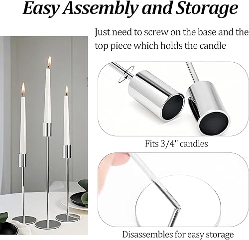 Miniatura 5 de Juego de 3 portavelas cónicos plateados, portavelas de metal dorado, portavelas alto, se adapta a velas LED y velas LED de 34 pulgadas de grosor,