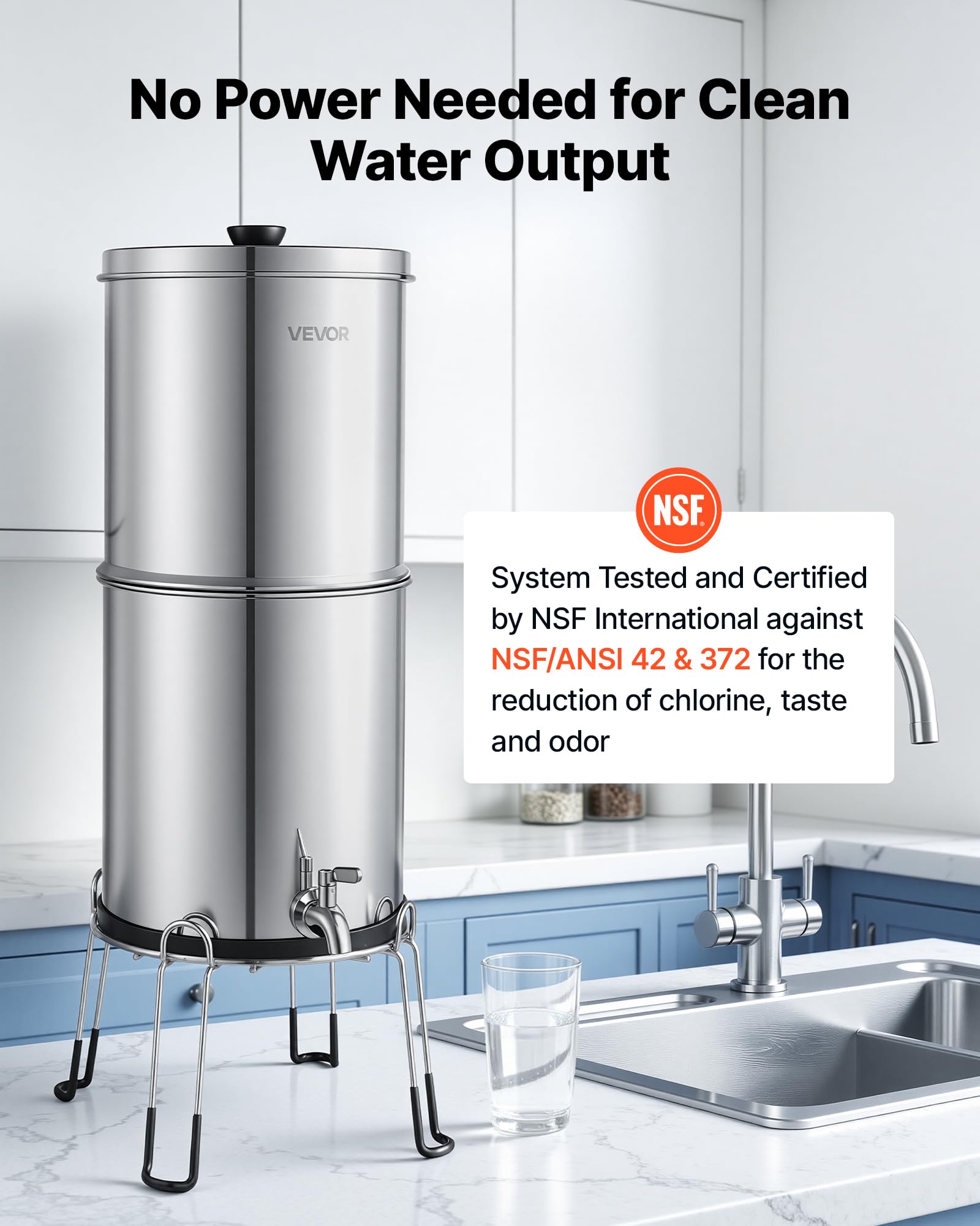 VEVOR Sistema de Filtración de Agua por Gravedad 8,52 L Acero Inoxidable, Reduce el Plomo y Hasta 99% del Cloro, Con 2 Filtros de Carbón y 2 Filtros Desfluorantes, Con Grifo y Soporte, Para Encimera