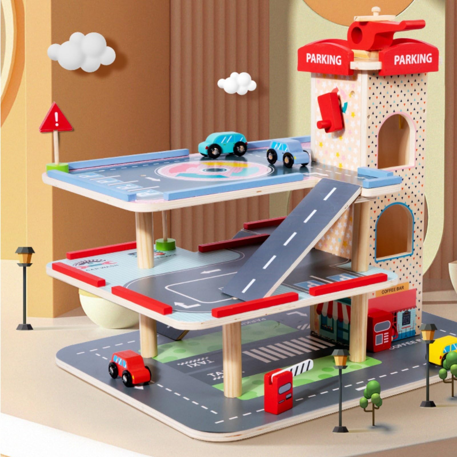 predolo Parking Jouet en Bois avec Ascenseur, Garage en Bois à 3 Niveaux, Parking Jouet Interactif, Multiples Accessoires Inclus, pour Enfants dès 3 Ans, M-Parking Centre
