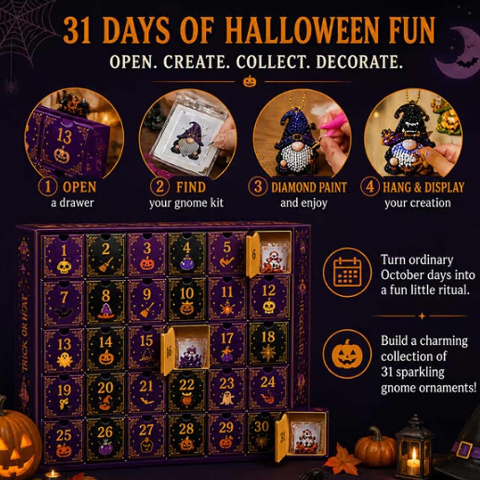 Diamond Painting Adventskalender mit Halloween Wichteln (2pc) | DIY Bastelset für Wichtel Diamond Paintings mit 31 Wichtel Anhängern – Halloween Deko zum Aufhängen für Erwachsene