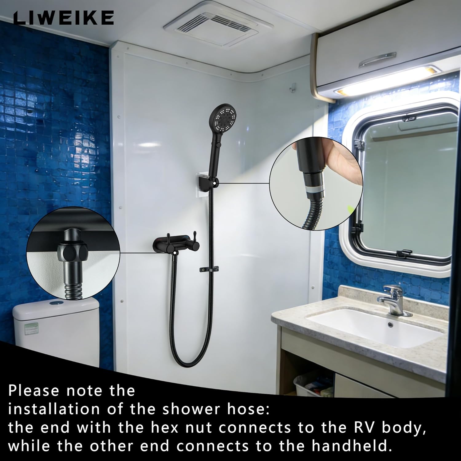 LIWEIKE RV Shower Faucet, Matte Black 4" RV Shower Faucet Set with Hose and 6 Modes Head All Mental 4" RV Outdoor for Travel Trailer, Camper, Motorhome