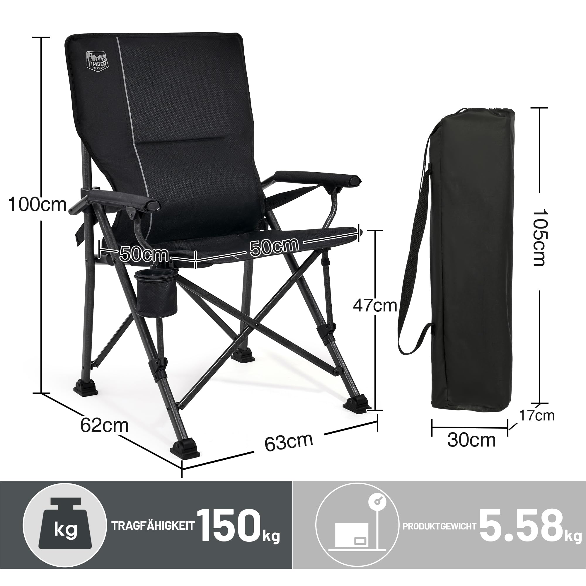 TIMBER RIDGE Campingstuhl Faltbar 150kg Belastbar Verstellbare Lendenwirbelstütze Klappstuhl mit Getränkehalter Tragetasche Angelstuhl Faltstuhl Hochlehner Sessel für Camping Garten Balkon Picknick