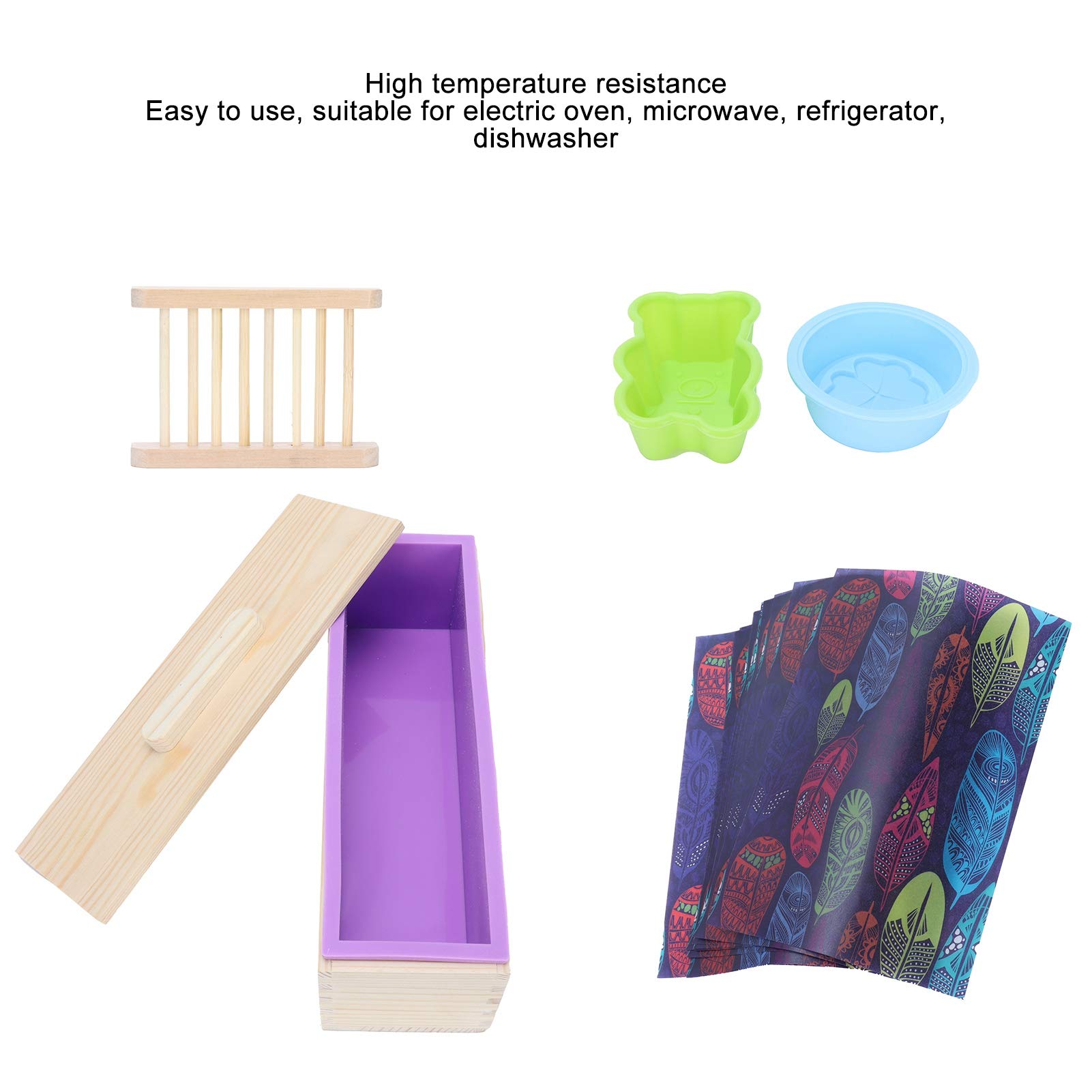 DIY Moldes de Silicona para Jabones, Moldes para Fabricación de Jabón y Repostería, Rectangular + Flor + Oso, con Caja de Madera, Papel de Regalo y Soporte Incluidos (Violeta)