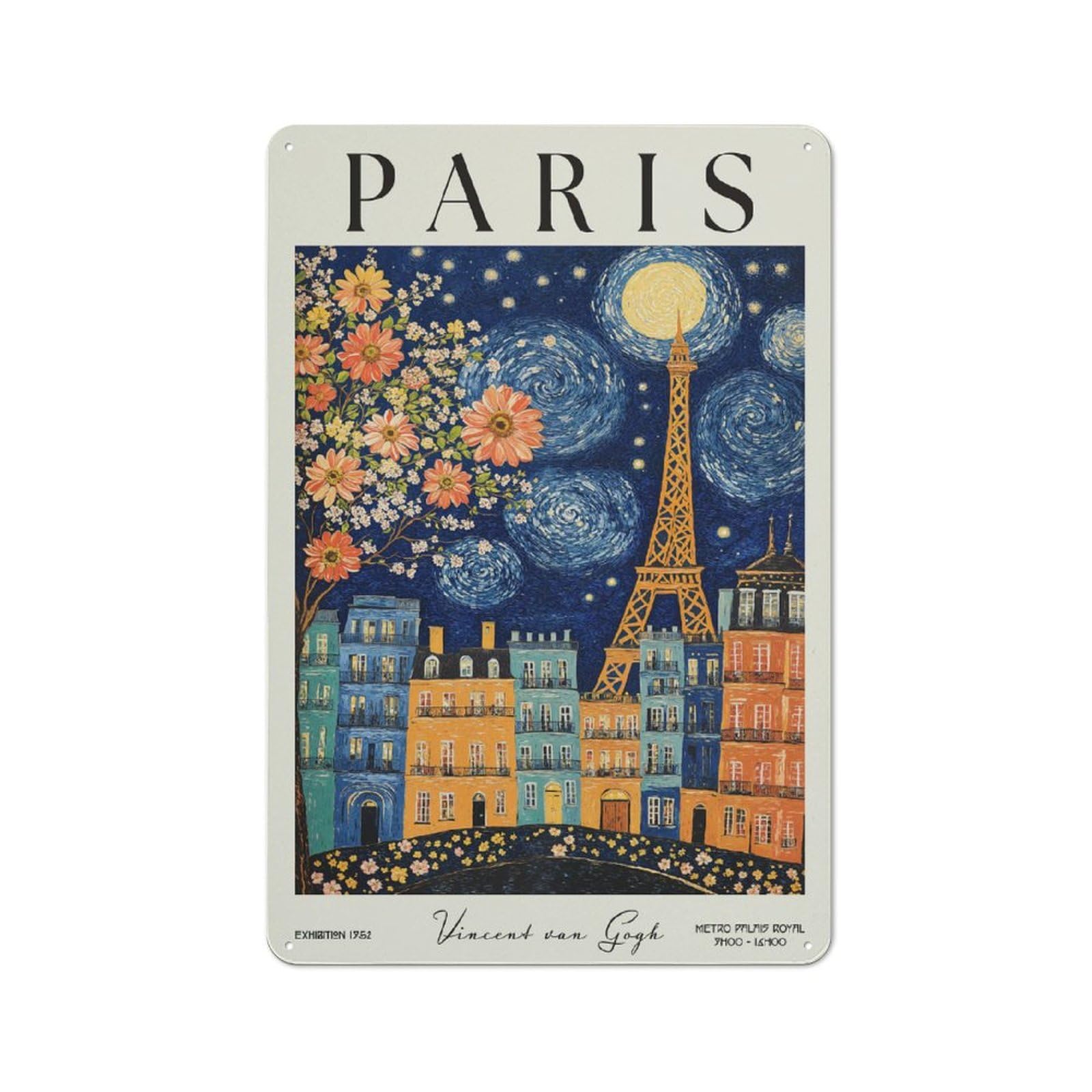 Junmoney Style-21 Metal Wall Sign 30X20cm Featuring Paris Starry Night Van Gogh Travel For Garage Or Workshop, Suited To Diy Enthusiasts