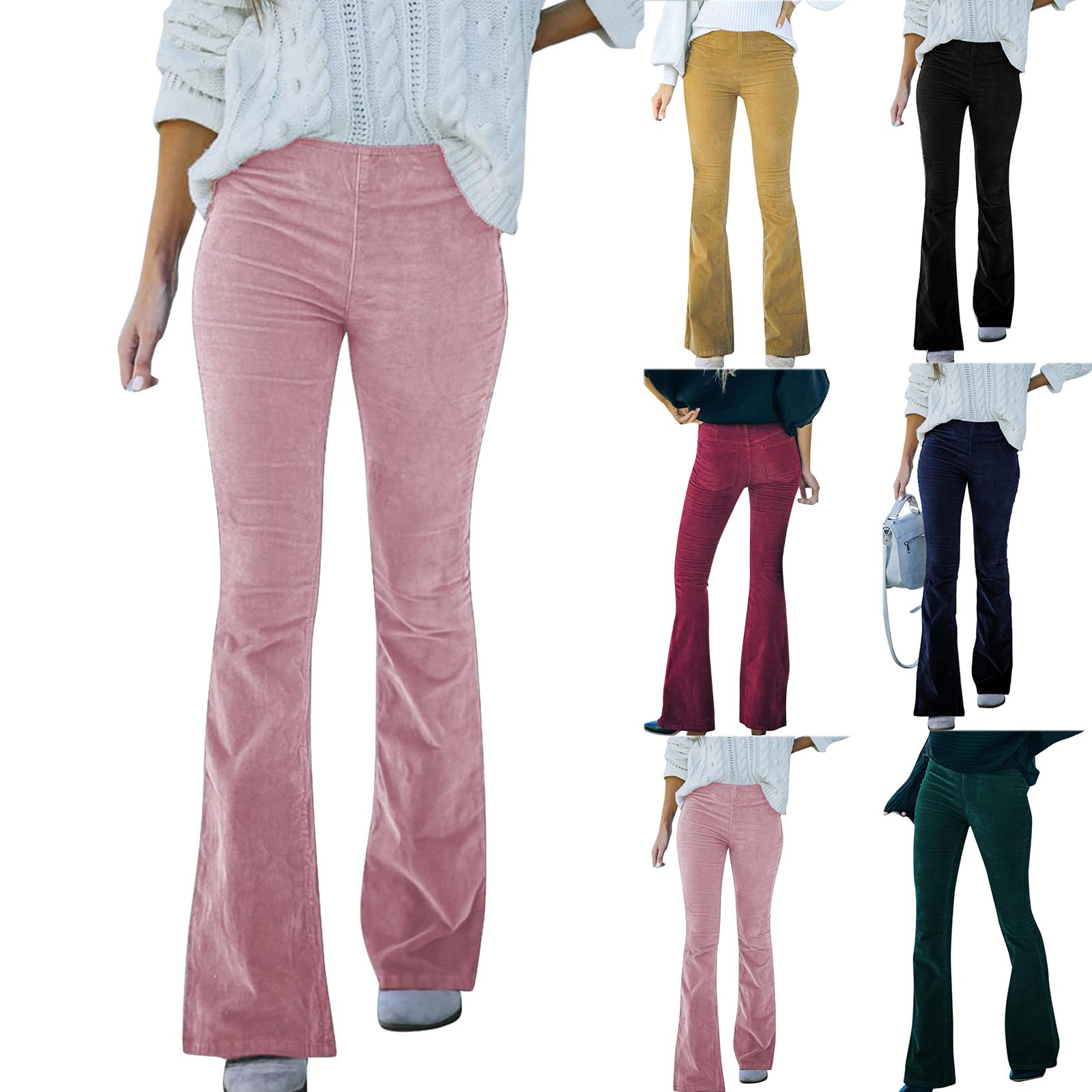 Women Corduroy Flare Pants Casual Slim Fit Elastic Waist Bell Bottoms Classic Stretchy Comfy Soft Pants Trousers