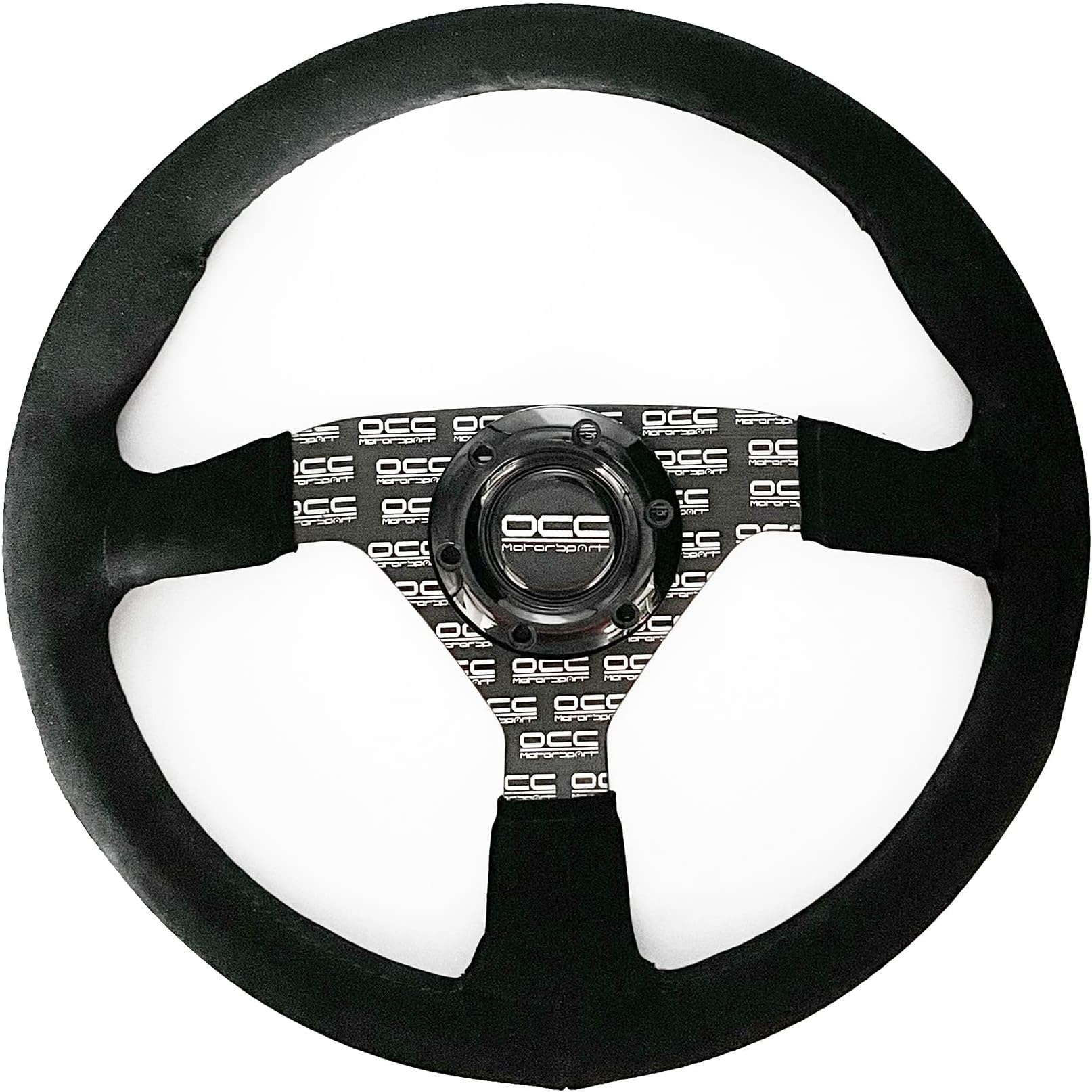 OCC MOTOR SPORT FLAT BOTTOM STEERING WHEEL CLASSIC MODEL ALCANTARA SILK-SCREEN PRINTED BLACK ARMS - CAR FLAT DISH STEERING WHEEL - 350MM (14 INCH)