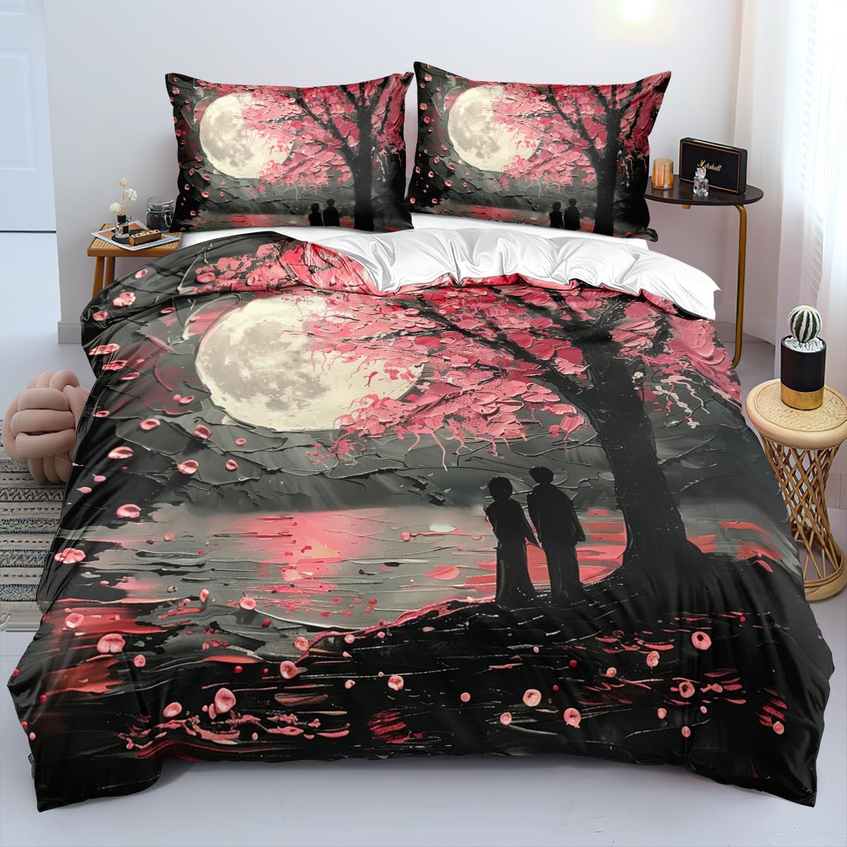 CCoutueChen 3D Floral Duvet Cover Full Size Chic Flowers Printed Bedding Duvet Cover Romantic Pink Flower Comforter Cover for Boys Kids Girls Retro Aesthetic Duvet Cover Set Soft for All Seasons