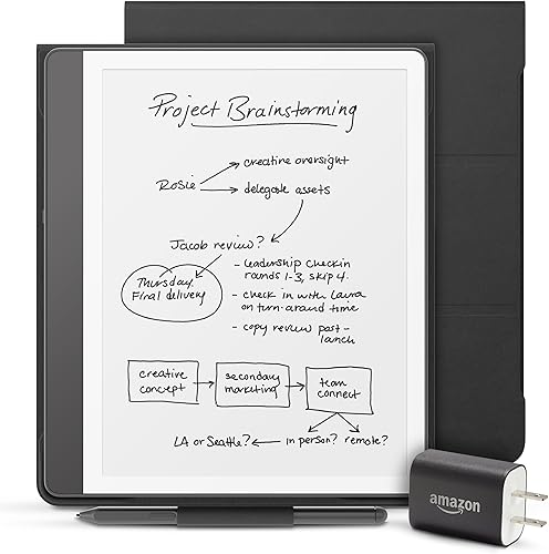 Paquete Tienda Kindle Scribe Essentials que incluye Kindle Scribe (32 GB). Tungsteno, lápiz prémium, funda de cuero prémium negra y adaptador de