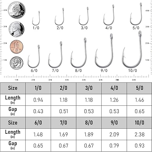 Miniatura 5 de Dr.Fish Paquete de 50 ganchos de cebo vivo para pesca en agua salada, ganchos circulares en J, ganchos O'shaughnessy de acero inoxidable, ganchos