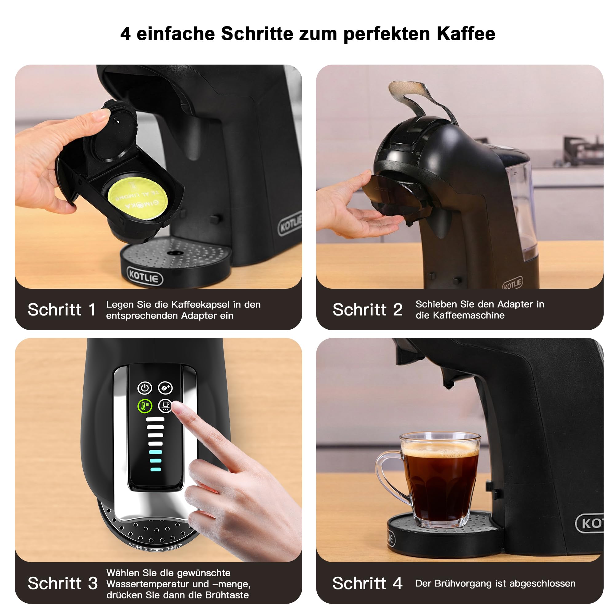 KOTLIE 308B Kapselkaffeemaschine, für NES/DG/MIO/Pulver & ESE(44mm),Schwarz | Kompatibel mit NES Original/DG*/Mio* Kapseln, Pulver & ESE(44mm). 3 Temperaturen, 7 Wassermengen.