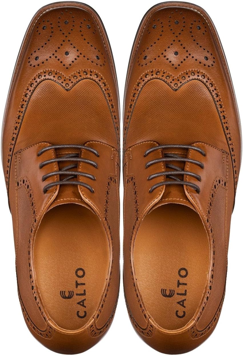 CALTO Men's Invisible Height Increasing Elevator Shoes - Brown Premium Leather Wing-tip Lace-up Formal Oxfords - 3 Inches Taller - Y10652 - Size 9 D(M) US - Image 5