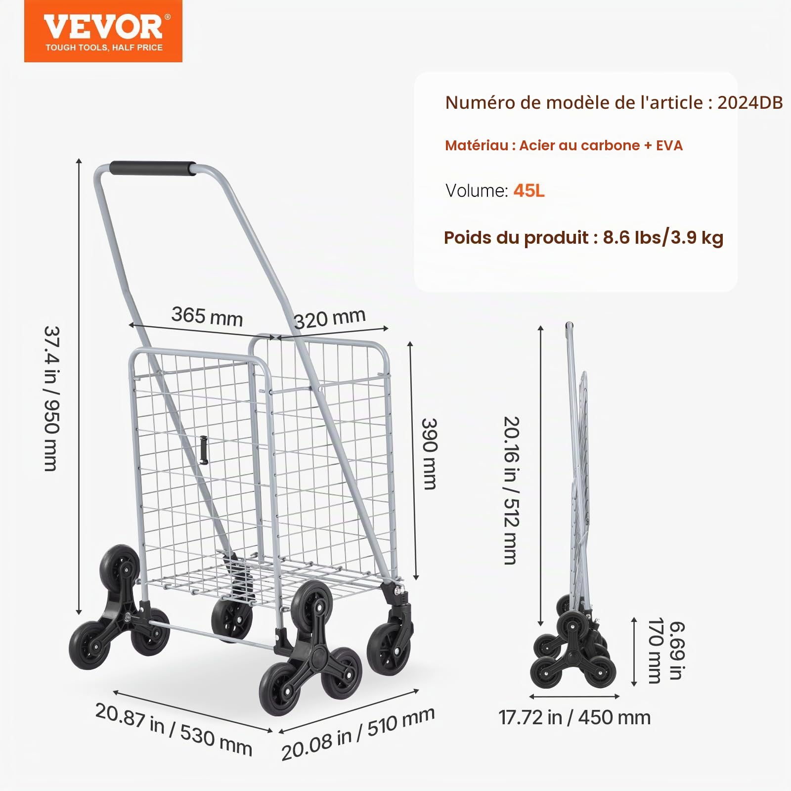 VEVOR Chariot de Courses Pliable, 45 L, Chariot Monte Escalier d'Épicerie avec Roues à Pivotantes 360°, Chariot Utilitaire Léger, pour Shopping, Bureau, Déménagement, Transport, Extérieur, Argent