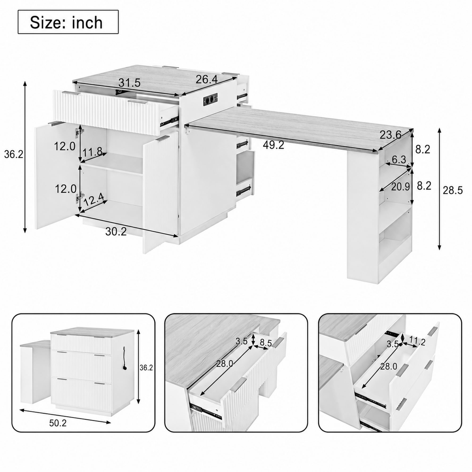 Isla de cocina con ruedas, mesa de comedor extensible, estantes ajustables, mesa de cocina con cajones, sirve como cocina y comedor (blanco)