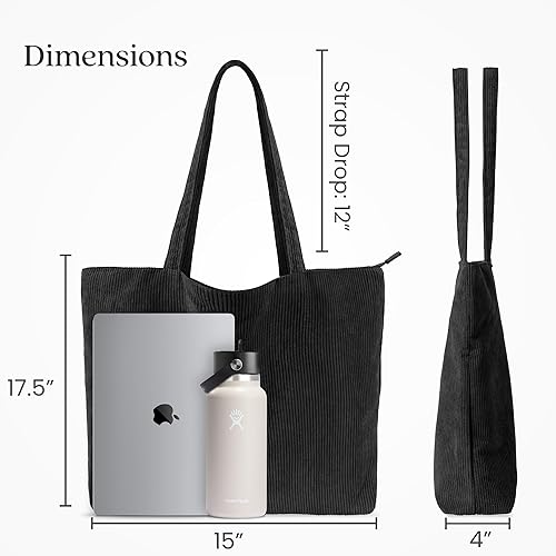 Vista 4 de VANDEL Bolso tote de pana para mujeres y hombres con cremallera y bolsillos interiores. Bolso tote con cremallera, bonita bolsa estética