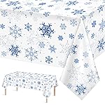 1 Pieces Snowflake Christmas Party Tablecloth Decorations,Plastic White Snowflake White Blue Xmas Backdrop Sign Table Cover Banner for Winter Christmas Holiday Party Supplies,54x108 inchWhite/Blue