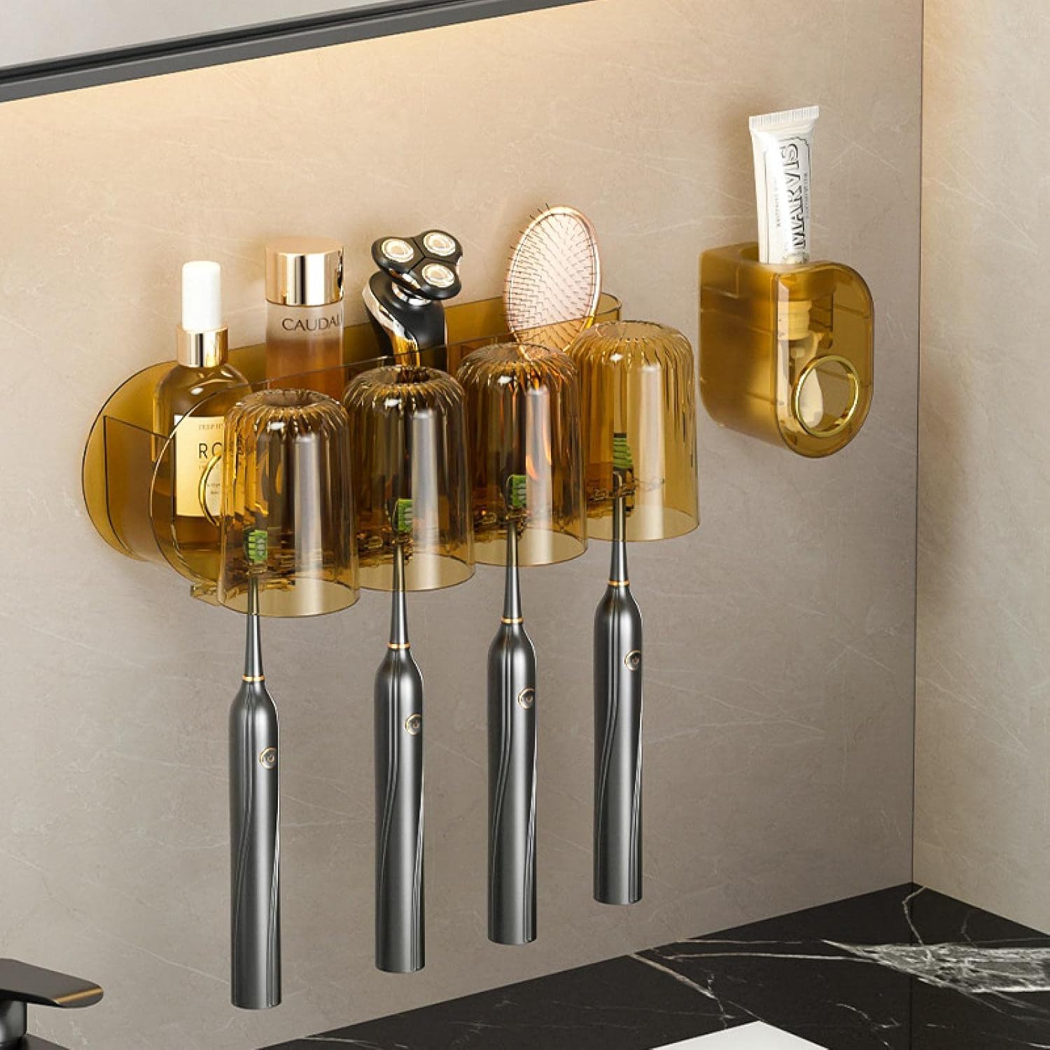 Toothbrush Shelf Hanging Wall-Type Hole-Free Thickened Multi-Functional Toilet draining Toothbrush Cup Darkgold