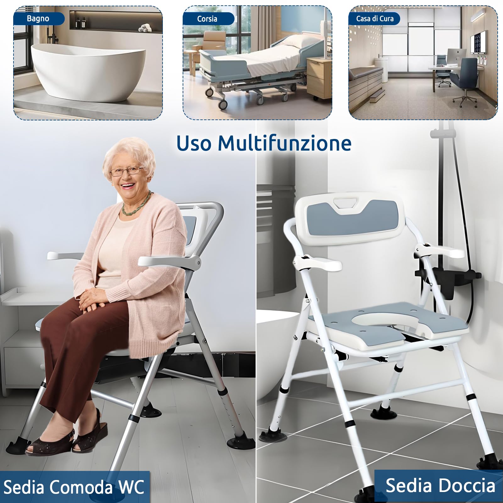Comoda WC per Anziani, Sedia Doccia Anziani Pieghevole in Alluminio, Sedia Water Portatile Adulti Regolabile in Altezza con Braccioli Ribaltabili e Piedini Antiscivolo
