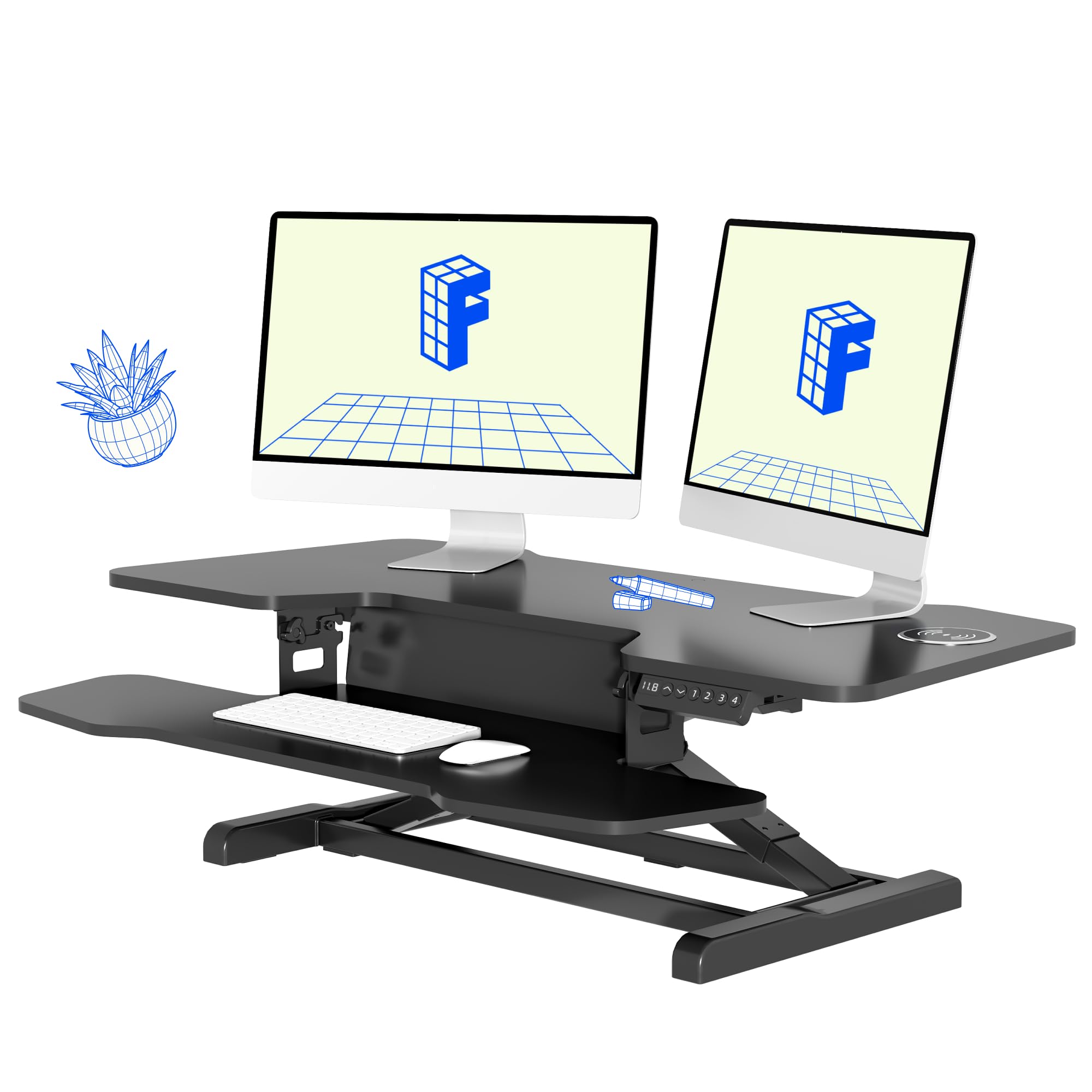 FLEXISPOT 42" Electric Standing Desk Converter, EMT157-PRO Sit Stand Desk Riser with 4 Memory Presets, Anti-Collision Protection & Wireless Phone Charging, Large Work Surface, Black