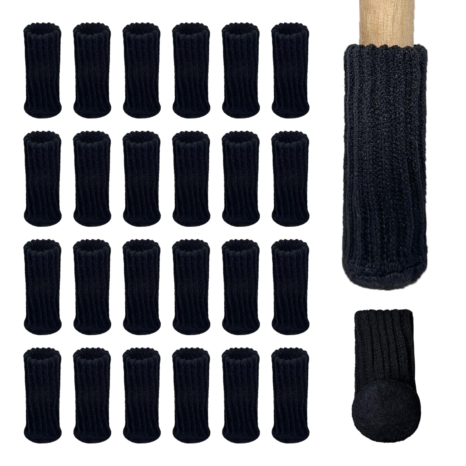 Stuhlsocken 24 Stück, elastische Filz-Stuhlbeinschoner, Schwarz | Rutschhemmende Innenstreifen, für runde und eckige Stuhlbeine 2,5 bis 5 cm, maschinenwaschbar, Bodenschutz, weniger Geräusche