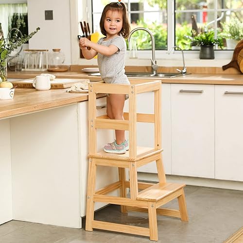 Miniatura 9 de Taburete de cocina de altura ajustable, taburete de aprendizaje para niños con riel de seguridad para encimera de cocina, taburete de cocina