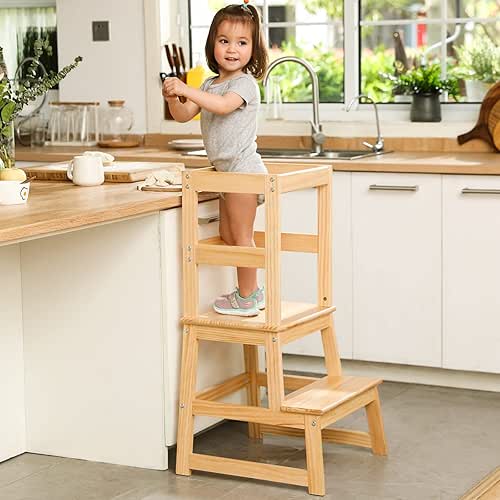 Kids Kitchen Step Stool for Kids with Safety Rail,Solid Wood