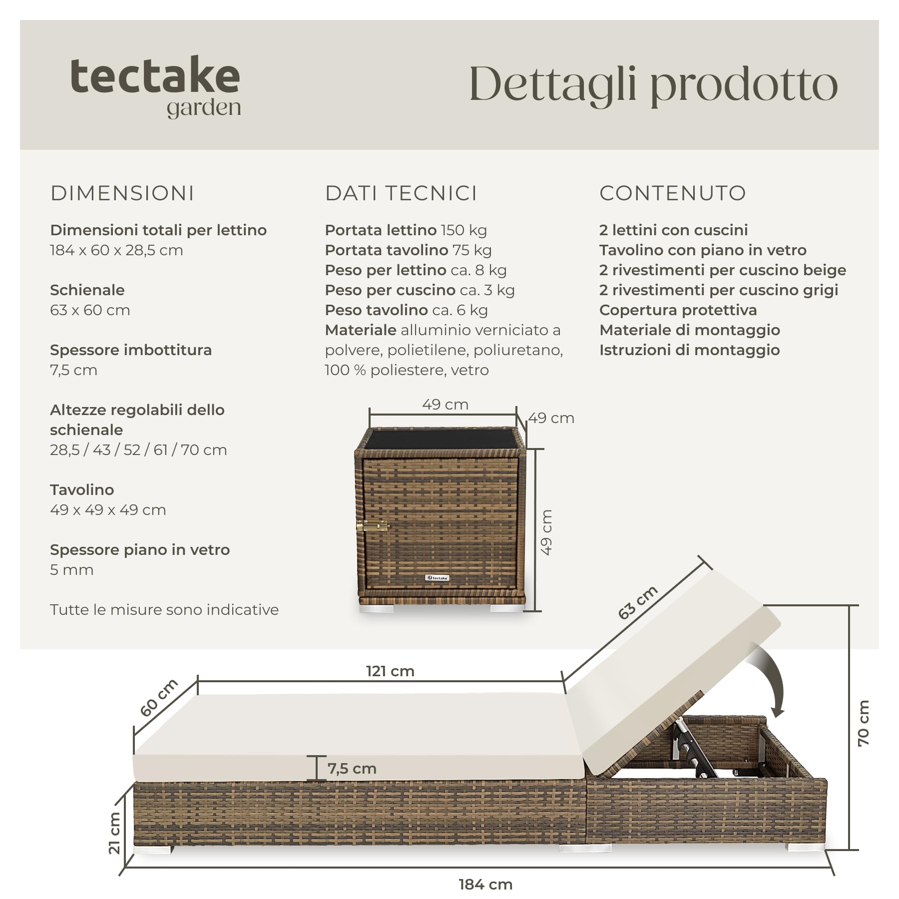 Set 2 x Lettino Alluminio Poly Rattan da Giardino con Tavolo e Sedia - Naturale
