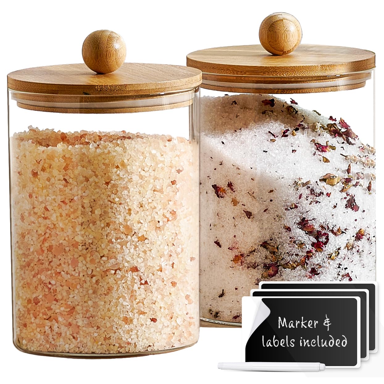 (INCOMPLETE) Set of 2 Large Glass Canisters for Kitchen Counter with Airtight Bamboo Lids + Marker & Labels - Cookie Jars with Wooden Lid, Food Storage Containers for Pantry, Flour Pasta Candy Coffee Pods - 68oz.