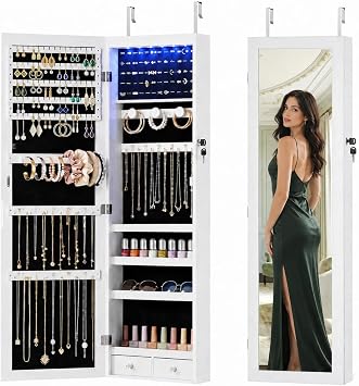 Jewelry Armoire, 47.2" Tall Lockable Jewelry Organizers and Storage Cabinet with Full-Length Mirror, 6 LEDs Mirror Jewelry Cabinet, Wall or Door Mounted Jewelry Storage for Women Bedroom, Gift Idea