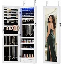 Jewelry Armoire, 47.2" Tall Lockable Jewelry Organizers and Storage Cabinet with Full-Length Mirror, 6 LEDs Mirror Jewelry Cabinet, Wall or Door Mounted Jewelry Storage for Women Bedroom, Gift Idea