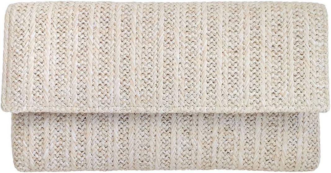 JNB Womens Natural Straw Clutch Purse Ivory Raffia Evening Bag with Detachable Chain Crossbody for Wedding Party Vacation Beach Outfits, Medium, Fits Phone Cards Cash Keys Makeup
