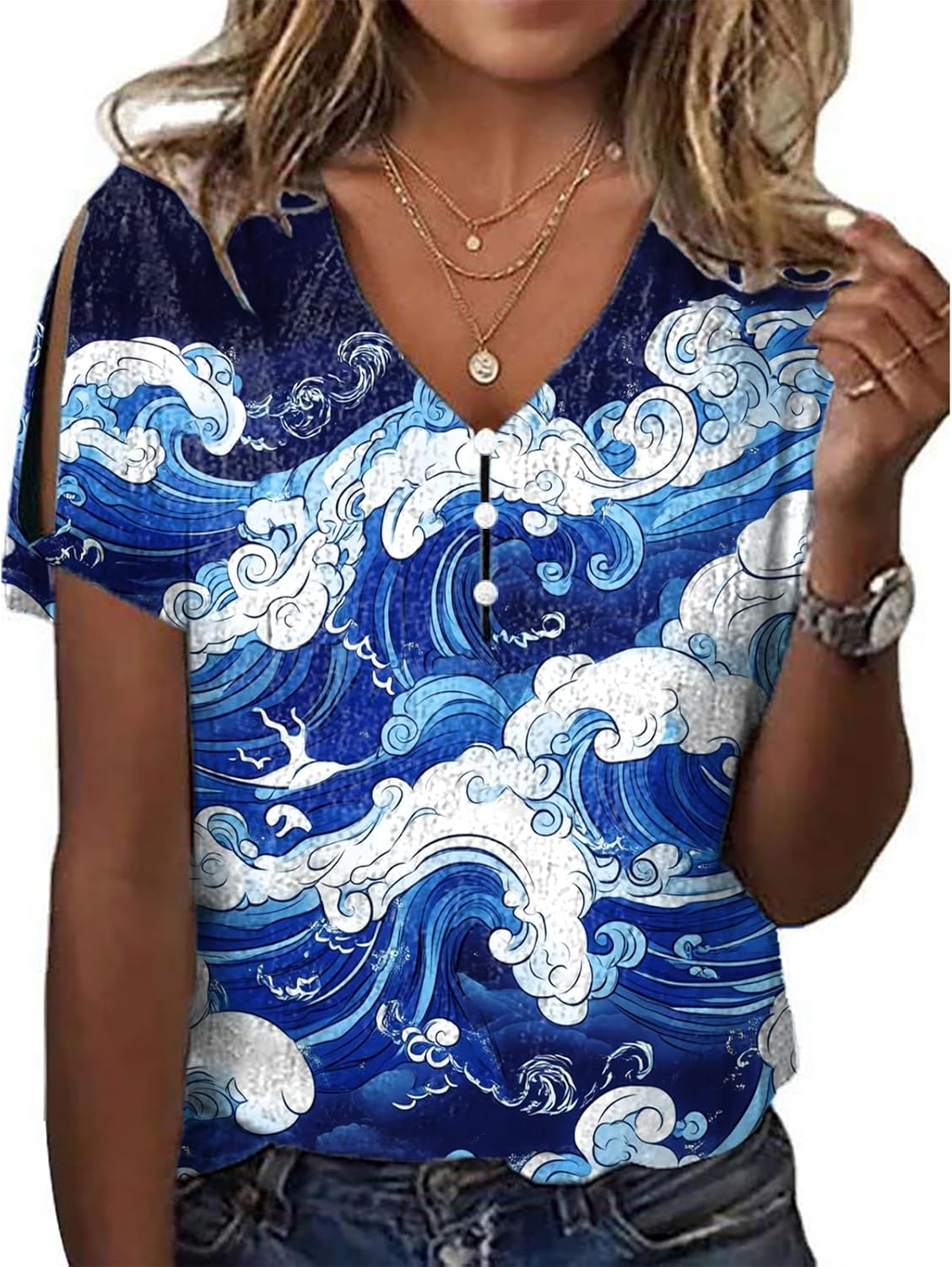 domirica Japanese Art Tops for Women Wave Print Short Sleeve V Neck Cold Shoulder Casual 2025 Summer Trendy Ladies Tee Shirt