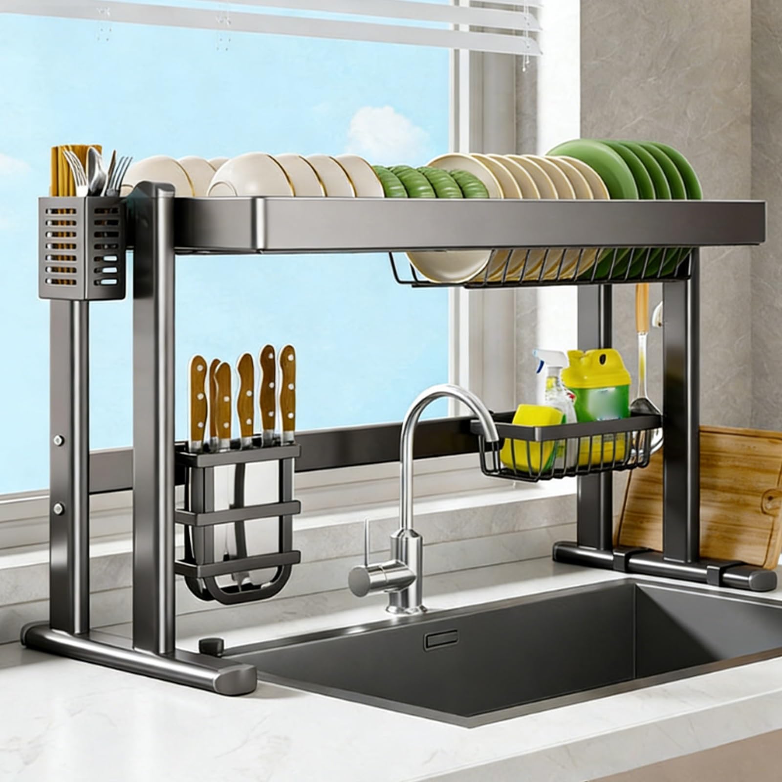 Estantería de Cocina de Dos Niveles, Ajustable a Tres Posiciones y con Gran Capacidad, escurridor sobre el Fregadero y escurridores de Platos, Multifuncional para