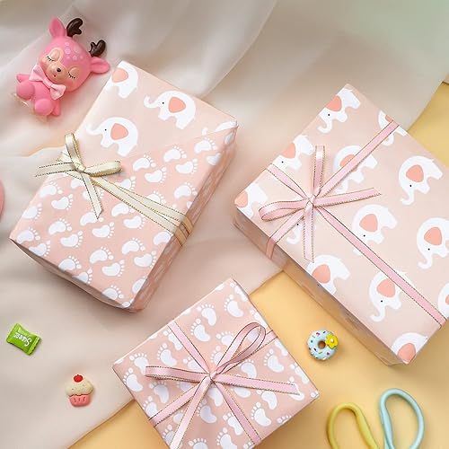 Miniatura 4 de LeZakaa Papel de regalo reversible para baby shower, elefante y huella en rosa para bebé, 17 pulgadas x 32.8 pies (46.45 pies cuadrados)