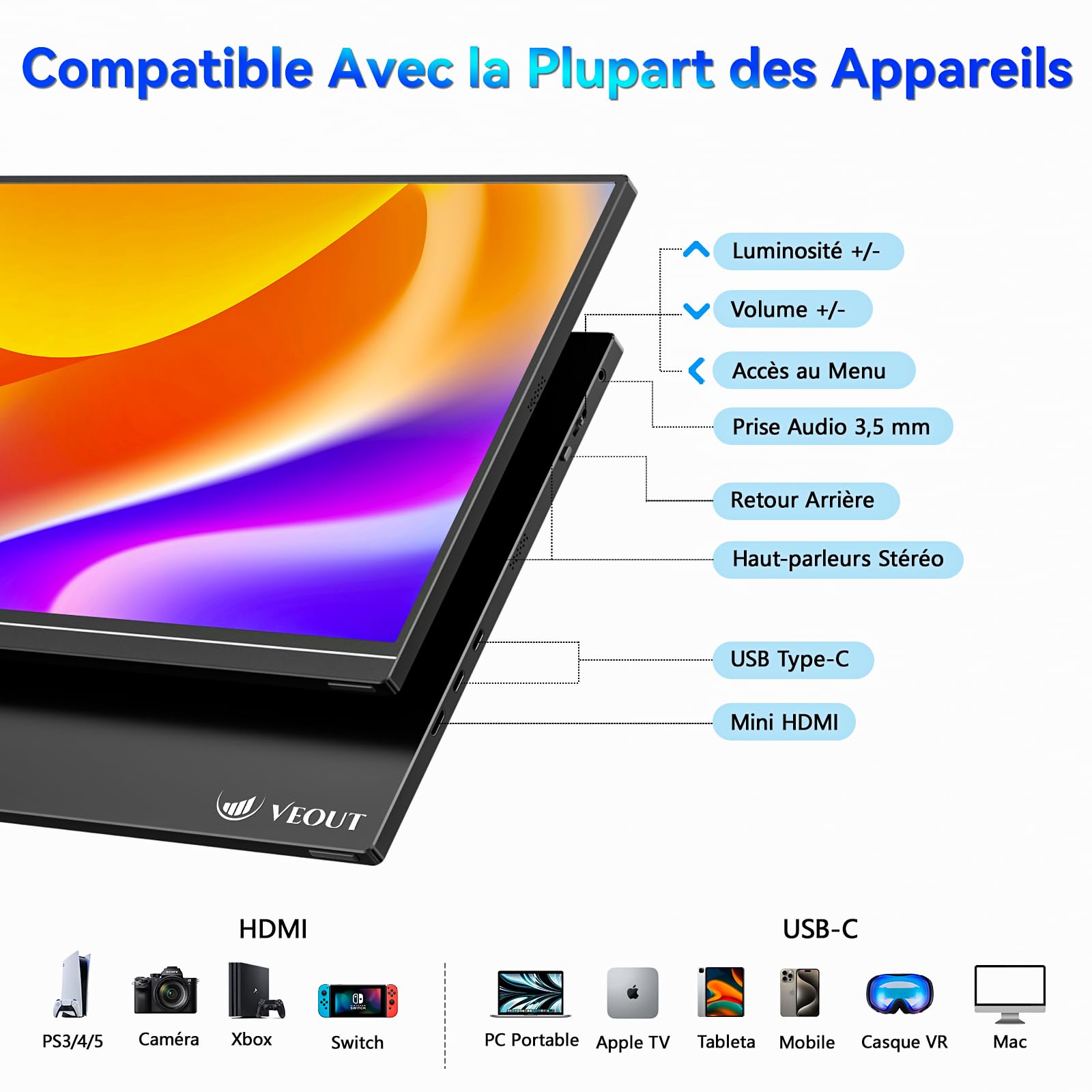 Veout Ecran Portable 16 Pouces, 1920 * 1200 FHD, Écran IPS Gaming pour Ordinateur portable/PC/Mac/PS5/Xbox avec USB-C et HDMI, Moniteur ultrafin avec Socle, 16:10, luminosité 300 CD/m²