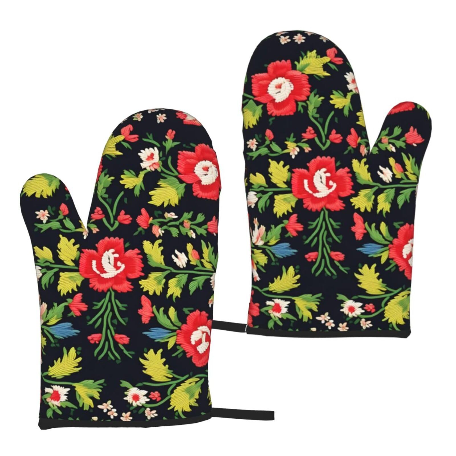Nimongt Women's Black Ukrainian Embroidery Style Rose Print Adults Universal Fit Heat Resistant Oven Gloves Reusable Cooking Outdoor Grilling