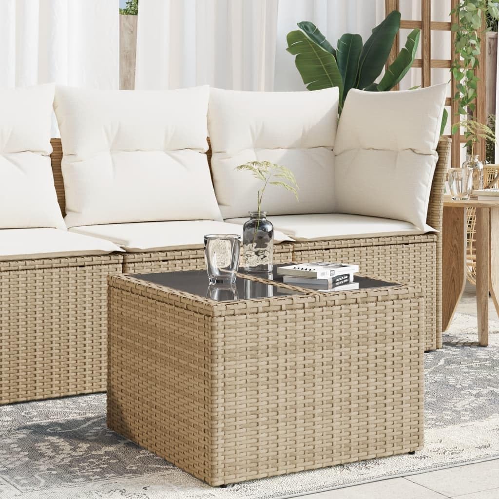 SXZenSpace 55 x cm Beige Garden Coffee Table with Tempered Glass Top, PE Rattan Square Outdoor Side Table, Lightweight Bistro Patio Furniture for Balcony Terrace