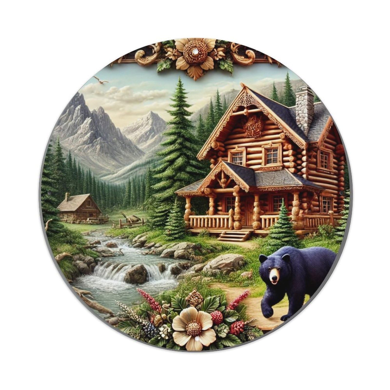 Log Cabin Mountain Bear Scene Tin Sign Metal Poster Vintage Metal Signs for Home Man Cave Bar Cafe Kitchen laundry room Wall Decorations 8x8 inches