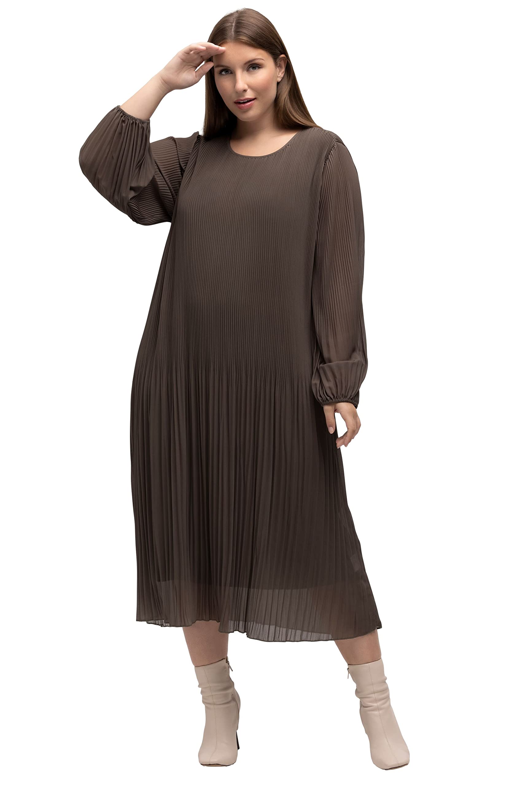 Ulla Popken Damen große Größen Übergrößen Plus Size Plissee-Midikleid, A-Linie, Rundhals, Langarm 812881
