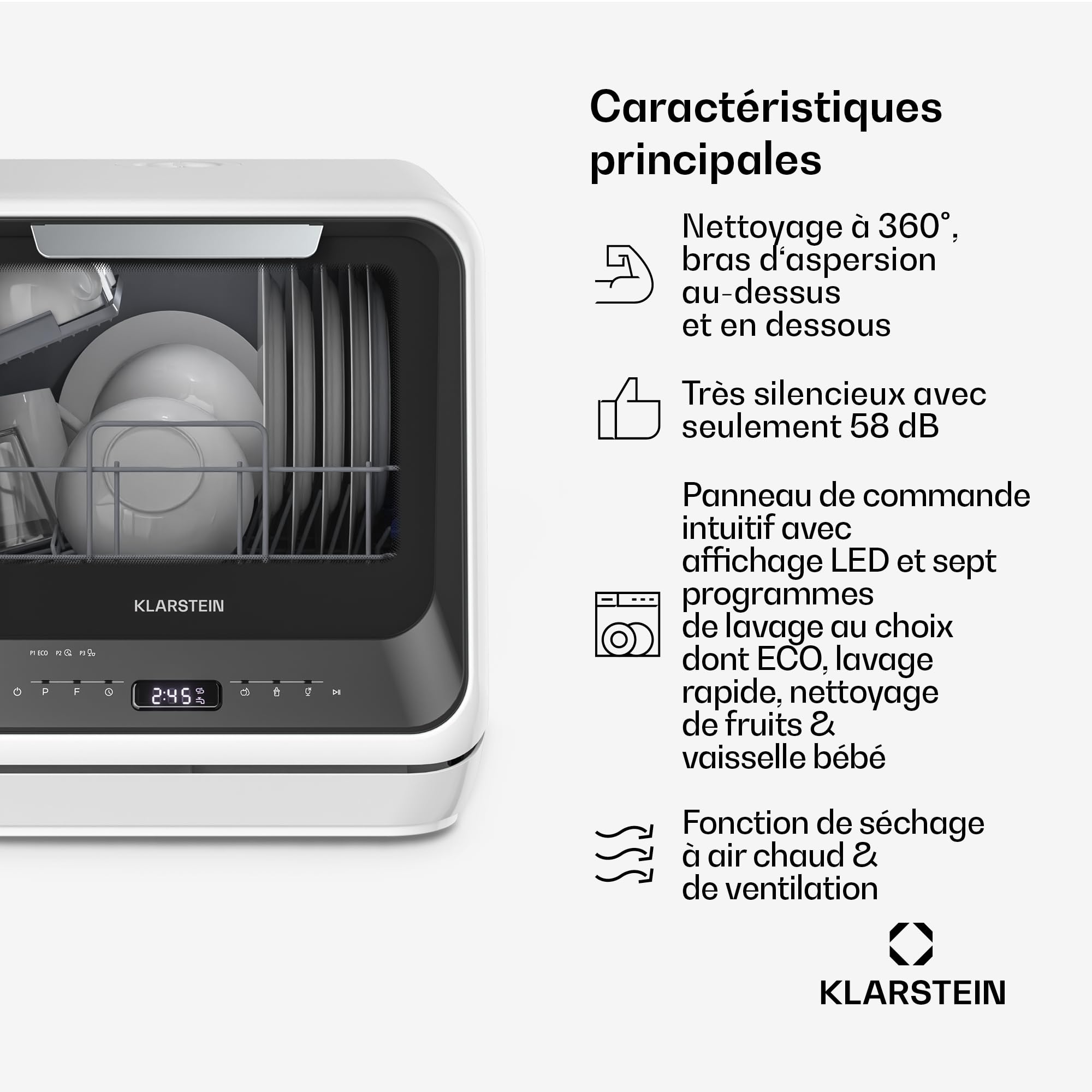 Klarstein Amazonia Mini Lave Vaisselle Compact 7 Programmes 5L Réservoir Raccordement Classe D 58dB Affichage Digital Noir