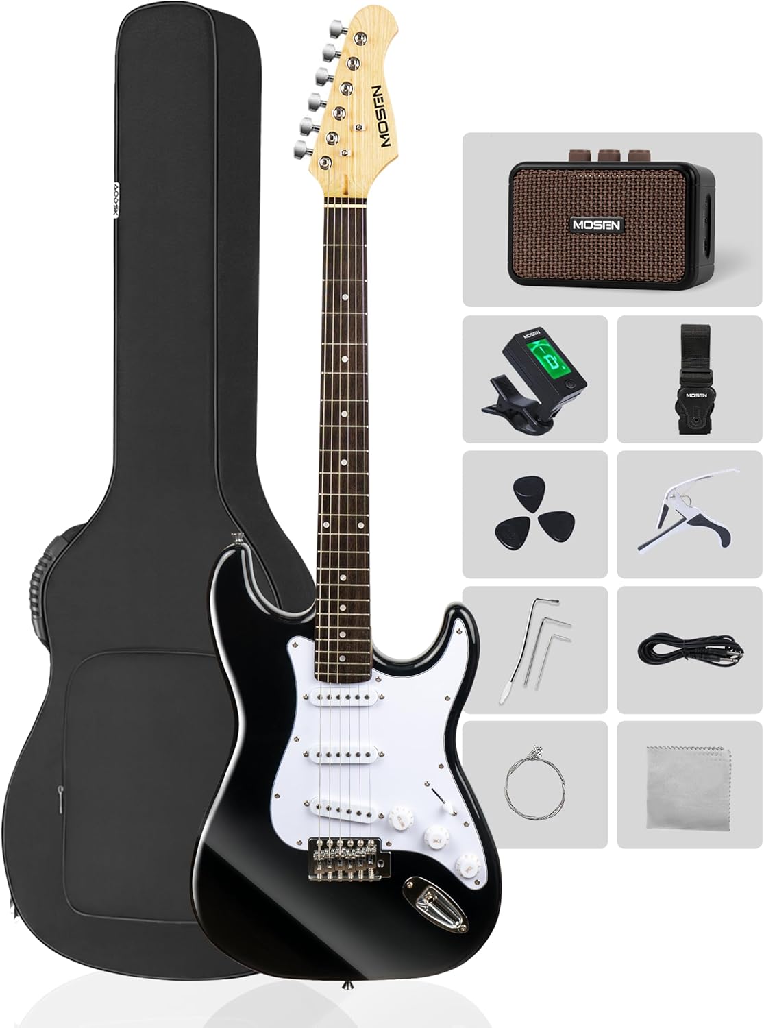 MOSEN MS-CS50 Full Size Beginner Electric Guitar, 39 Inch Solid Body & Maple Neck Guitars Set with Amplifier, SSS Pickups, Gig Bag, Pick, Tunner, Capo, Cable, Tremolo Bars - Black