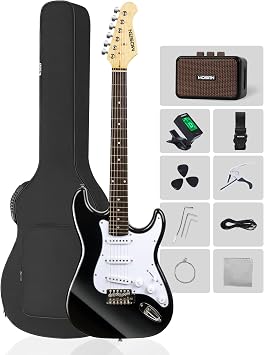 MOSEN 39in Full Size Beginner Electric Guitar Starter Kit, Beginner Starter, with Amplifier, SSS Pickups, Gig Bag, Pick, Tunner, Capo, Cable, Tremolo Bar, Wiping cloth - Black