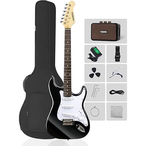 MOSEN MS-CS50 Full Size Beginner Electric Guitar, 39 Inch Solid Body & Maple Neck Guitars Set with Amplifier, SSS Pickups, Gig Bag, Pick, Tunner, Capo, Cable, Tremolo Bars - Black