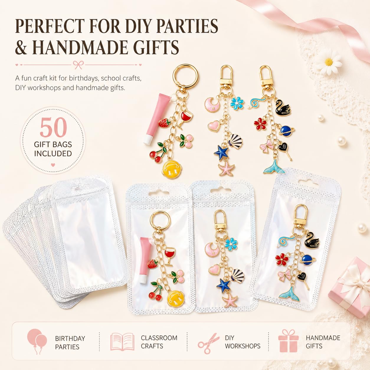 MOONONE Kit di 656 portachiavi dorati, lucidalabbra con ciondoli, ganci portachiavi, anelli di salto, catene, pinze, scatola organizer e sacchetti regalo, kit fai da te per zaini e accessori