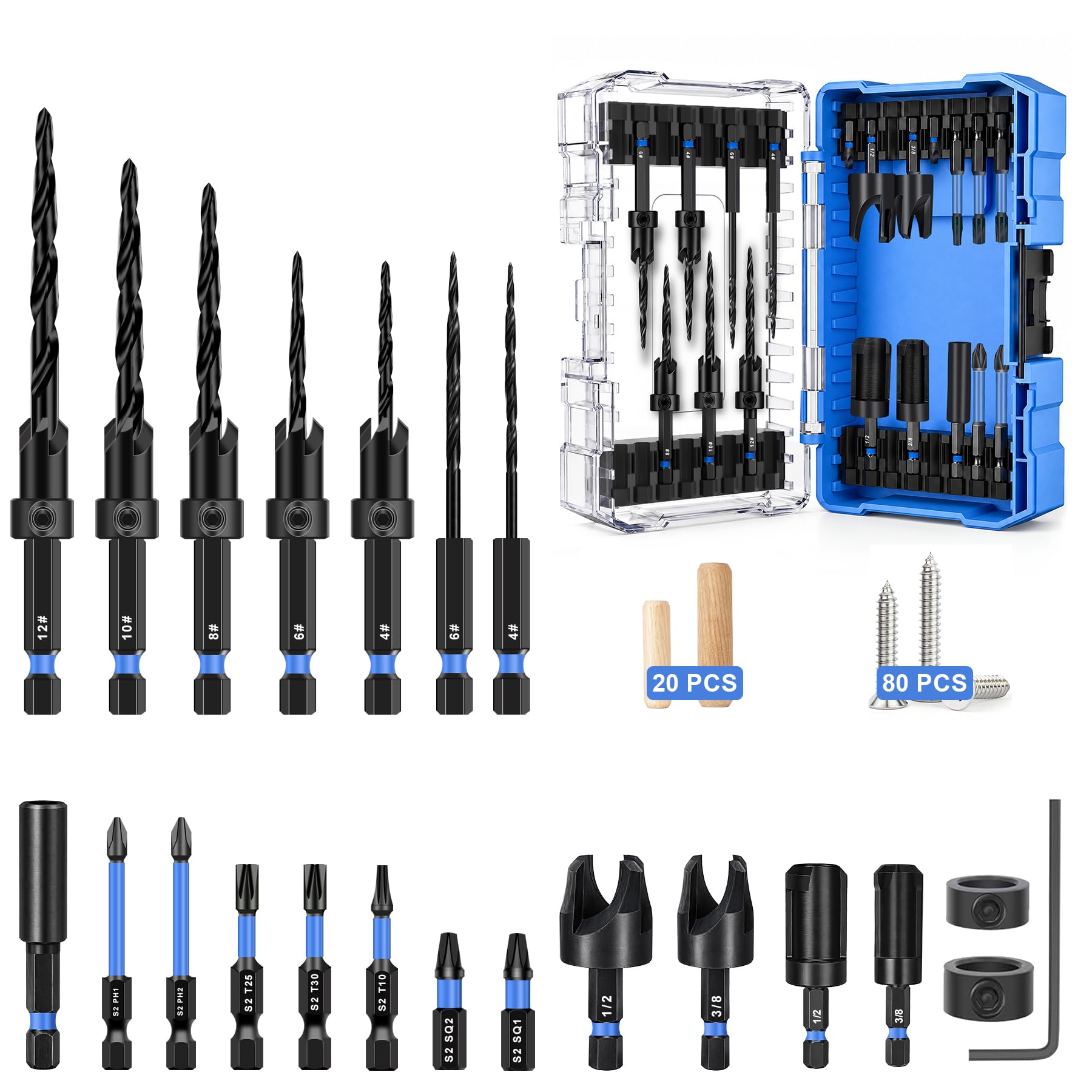 Juego de 22 brocas avellanadas con 20 tapones de madera y 80 tornillos para