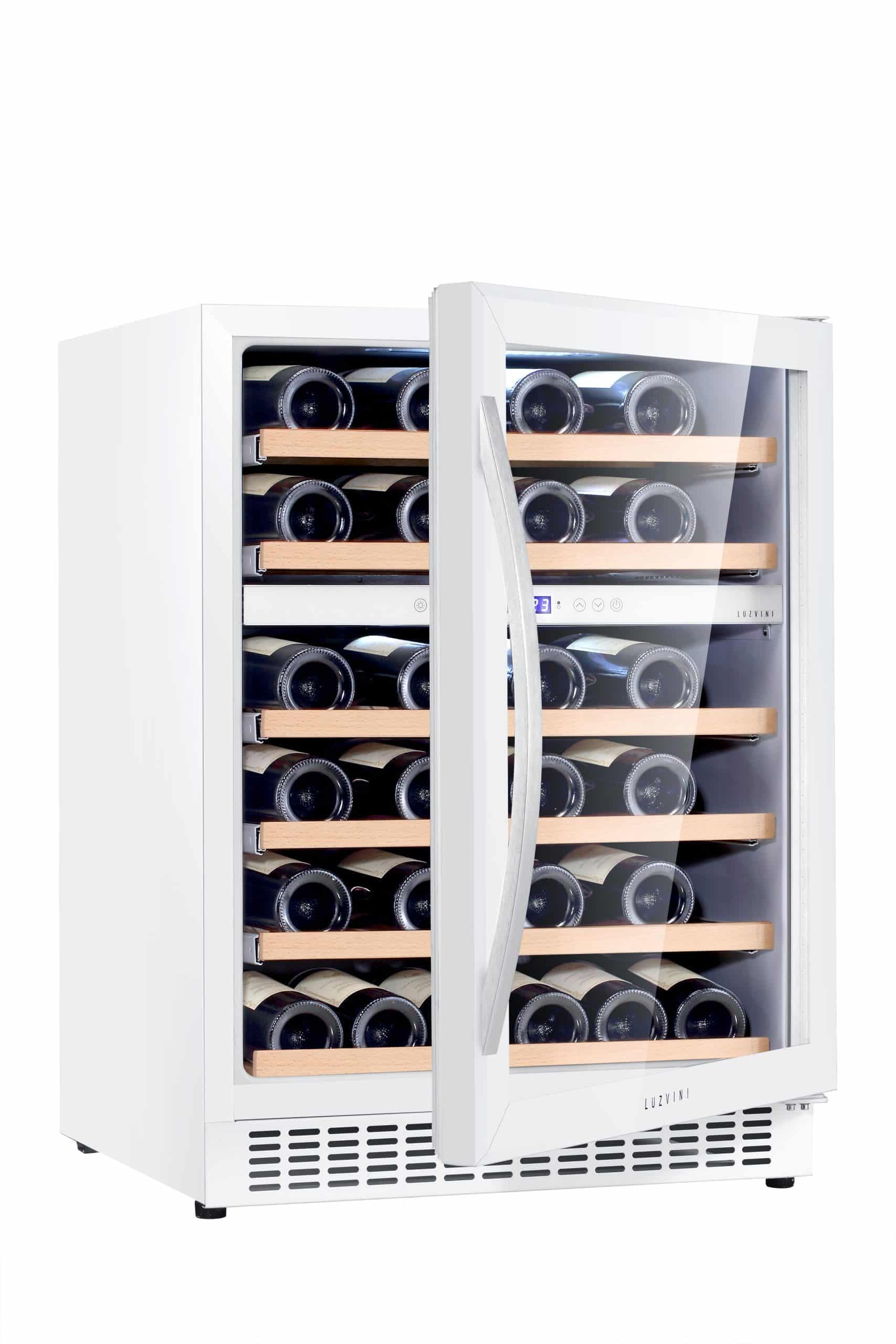 LV45W Weißer Einbau-Weinklimaschrank - Weinkühlschrank mit 2 Zonen - 45 Flaschen, geringer Energieverbrauch 116 kWh, Kompressorkühlung und 6 ausschiebbare Auflageflächen aus Buchenholz
